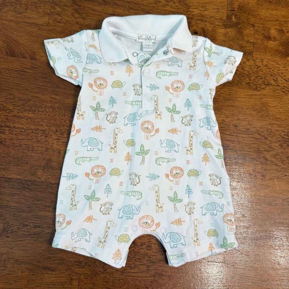 Kissy Kissy White Romper with Colorful Animal Prints safari size 3-6 months